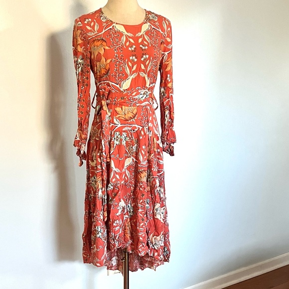 Anthro’s Jaase Boho Floral Rayon Tie Waist Midi Dress Long Sleeve Resort Size S - Picture 2 of 12